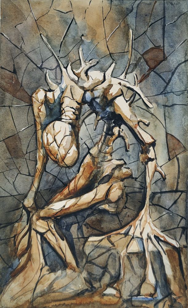 A skeletal human-like figure hunched over and grown into a wall as it if is becoming part of the space it occupies