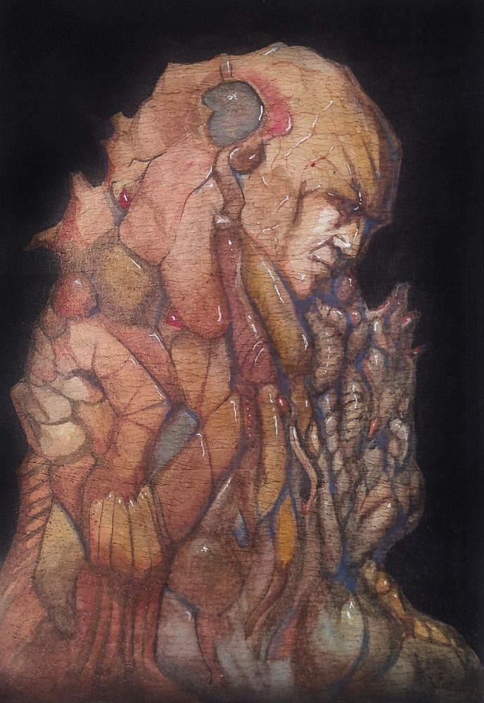 A somewhat human form with a human face connected to a series of strange bloated shapes
