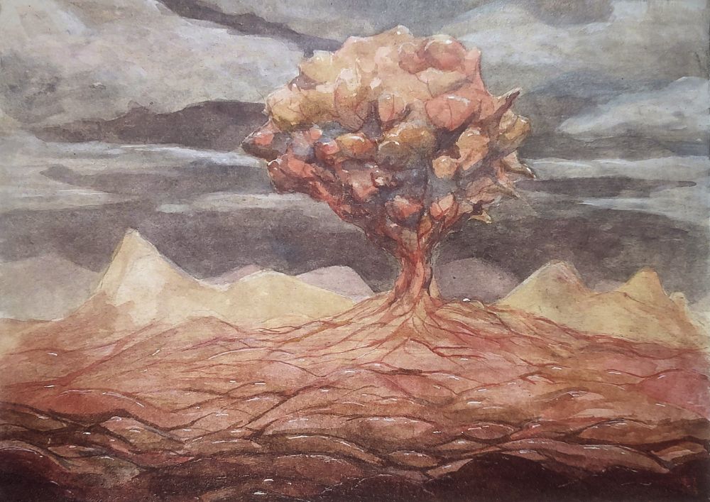A tree-like growth sits in the distance of a barren and alien landscape.