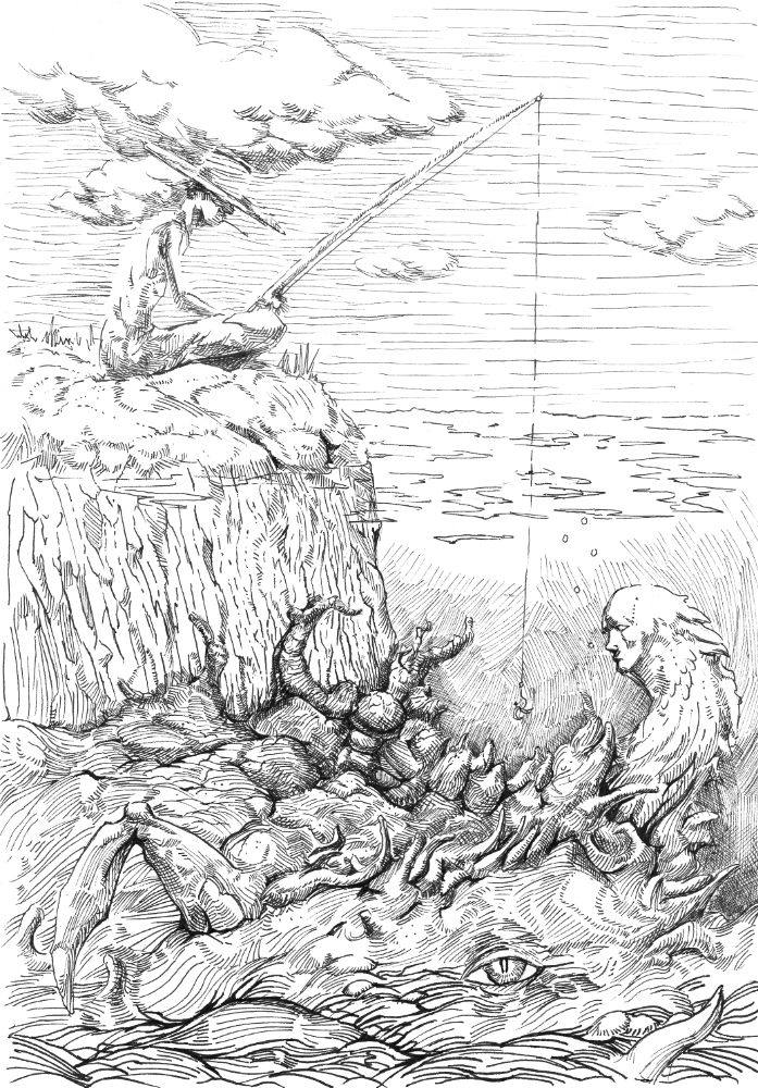 black and white pen and ink drawing.  A fisherman sits at a body of water with his fishing rod.  His fishing line is cast into the water.  Beneath the water lurks a strange aquatic lifeform that contemplates his meager offering.