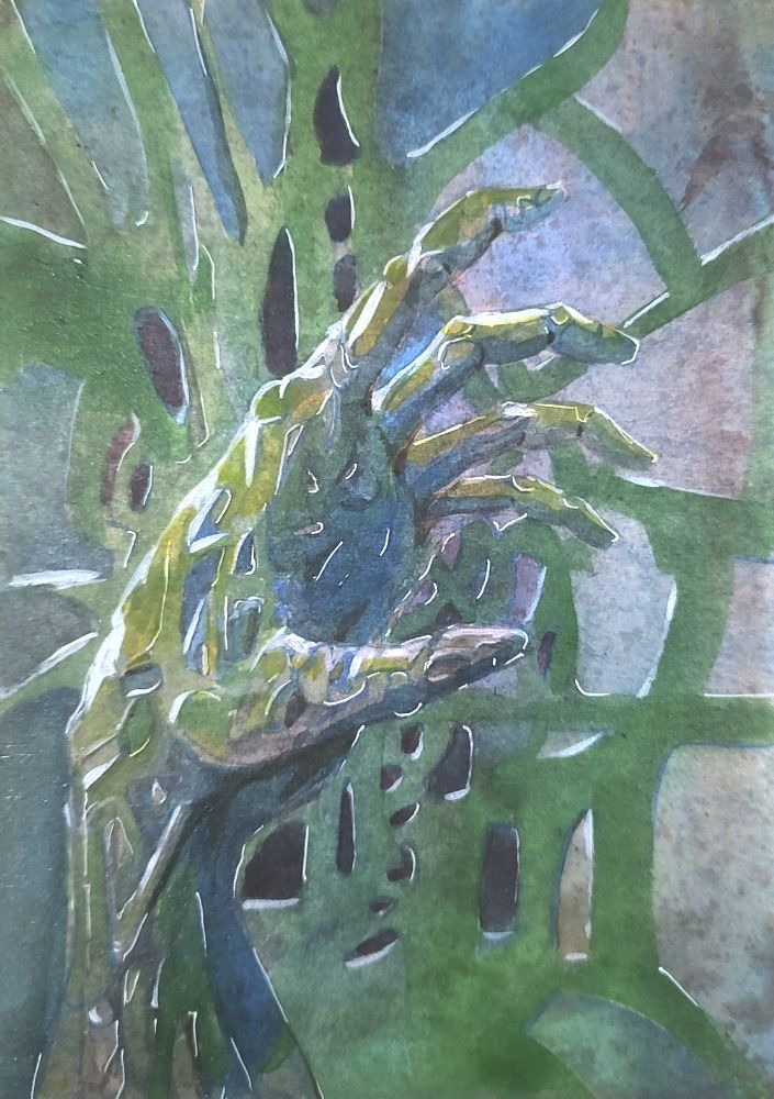 a stylized image of a hand predominately in green and blue with a little yellow.