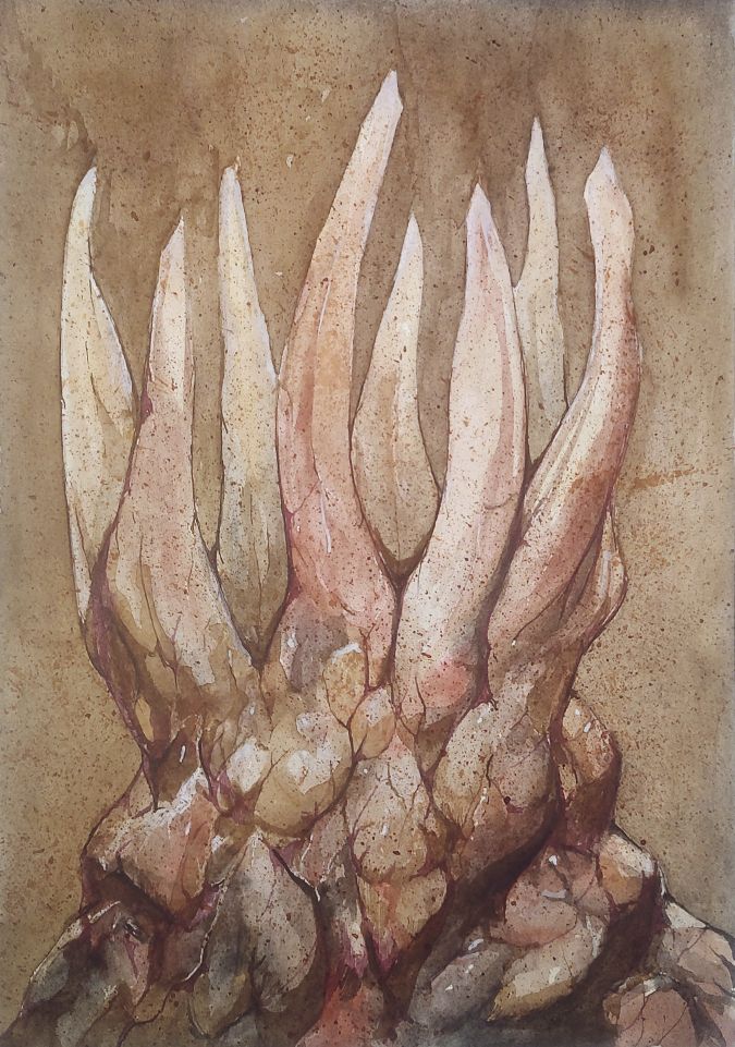 a sculptural form that looks like a cross between a rock formation and an extracted tooth with roots of the tooth turned upright.