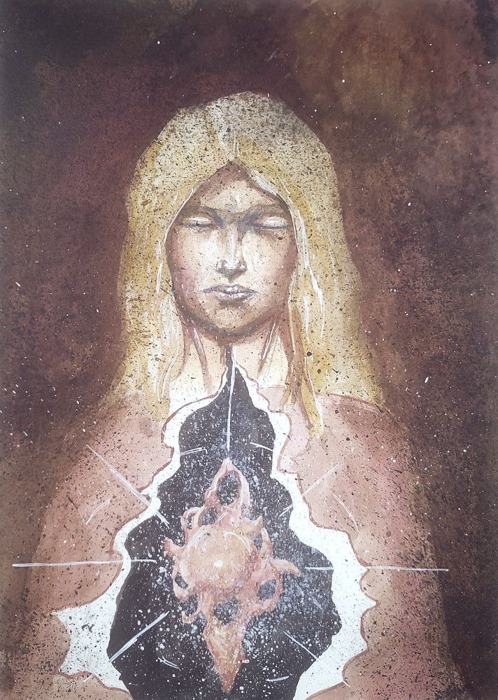 a blonde haired white woman is upright with her eyes closed.  Her chest opens up to reveal a black void with a heart-like structure floating within it.  The background is a dark reddish brown.