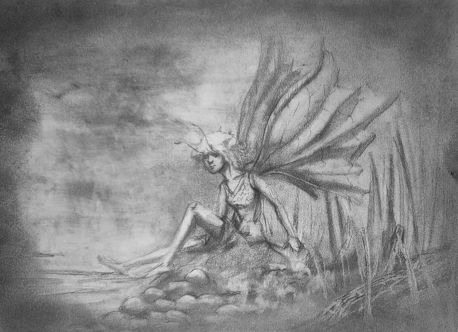 a pencil drawing of a small fairy sitting down dipping her wings in the water.