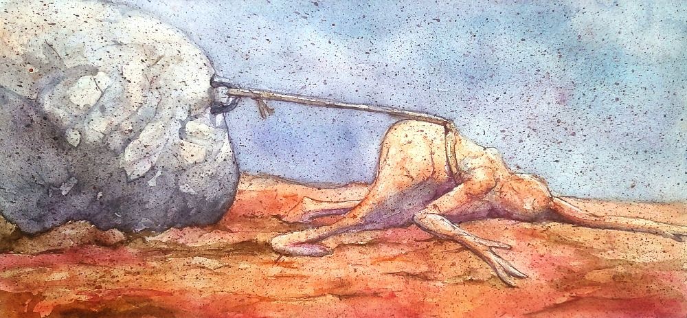 A human-like figure lies face down in a barren landscape.  A rope is tied around its waste that is hooked to a large boulder.