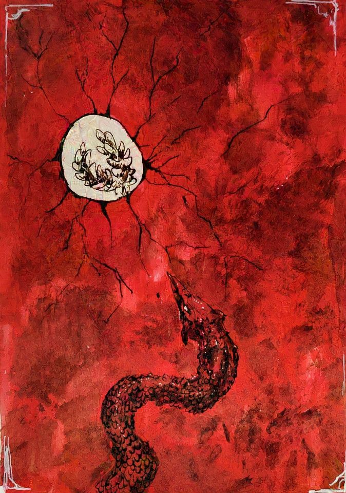 A dragon-like snake slithering along a red wall up to a hole that contains a plant
