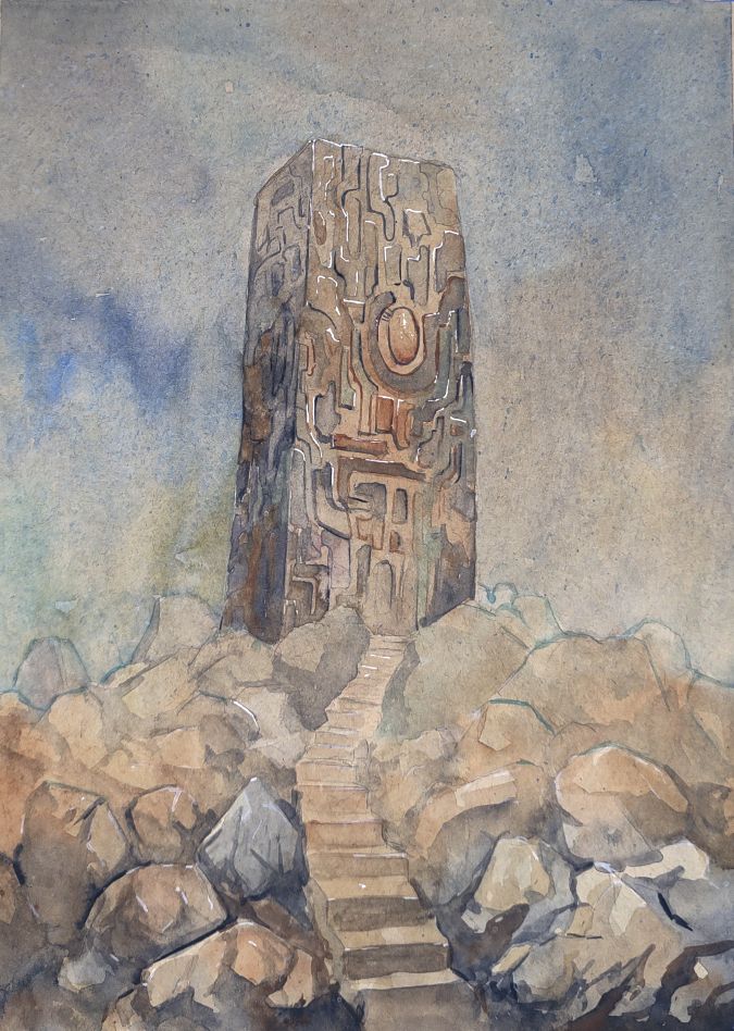 A large stone obelisk with intricate shapes carved into it sits atop a rocky hill.  A staircase leads up to the base of the obelisk.