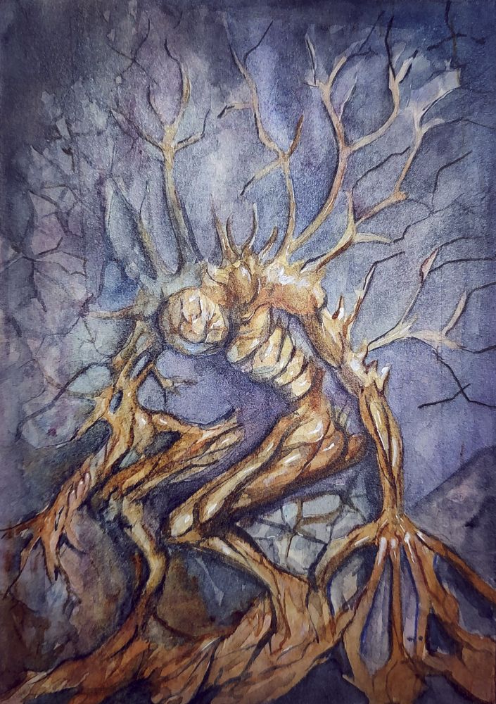 a humanoid figure is hunched over with it appendages expanding outward like roots.  It appears as if it is made of wood and growing slowing into the side of a wall that it sits against.