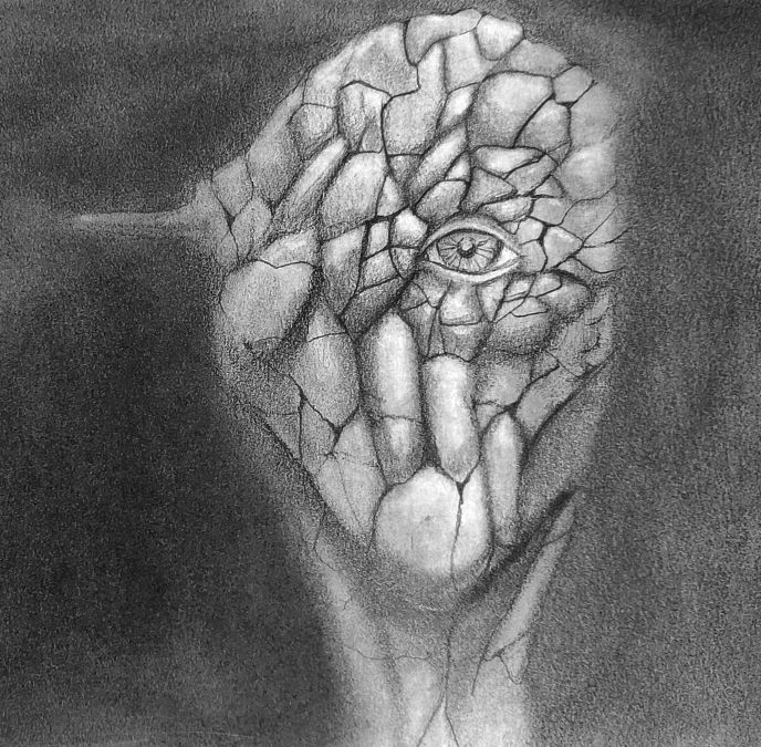 A pencil drawing of a human-like head covered in bumps, cracks and malformations on the head.  A single open eye states at the viewer.