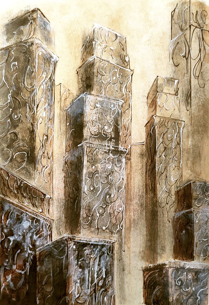 a series of pillars with designs on them.  This is painted in a sort of rust-brown-orange monochrome color.