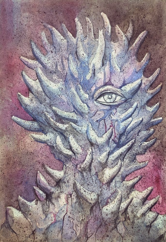 A humanoid shaped figure stares towards the viewer with a single open human-like eye.  The body of the figure is covered in spiky protrusions.