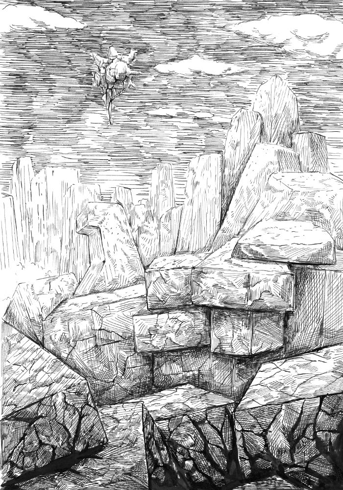 black and white pen and ink drawing. A u.f.o. floats in the sky.   Blocky old ruins are below.
