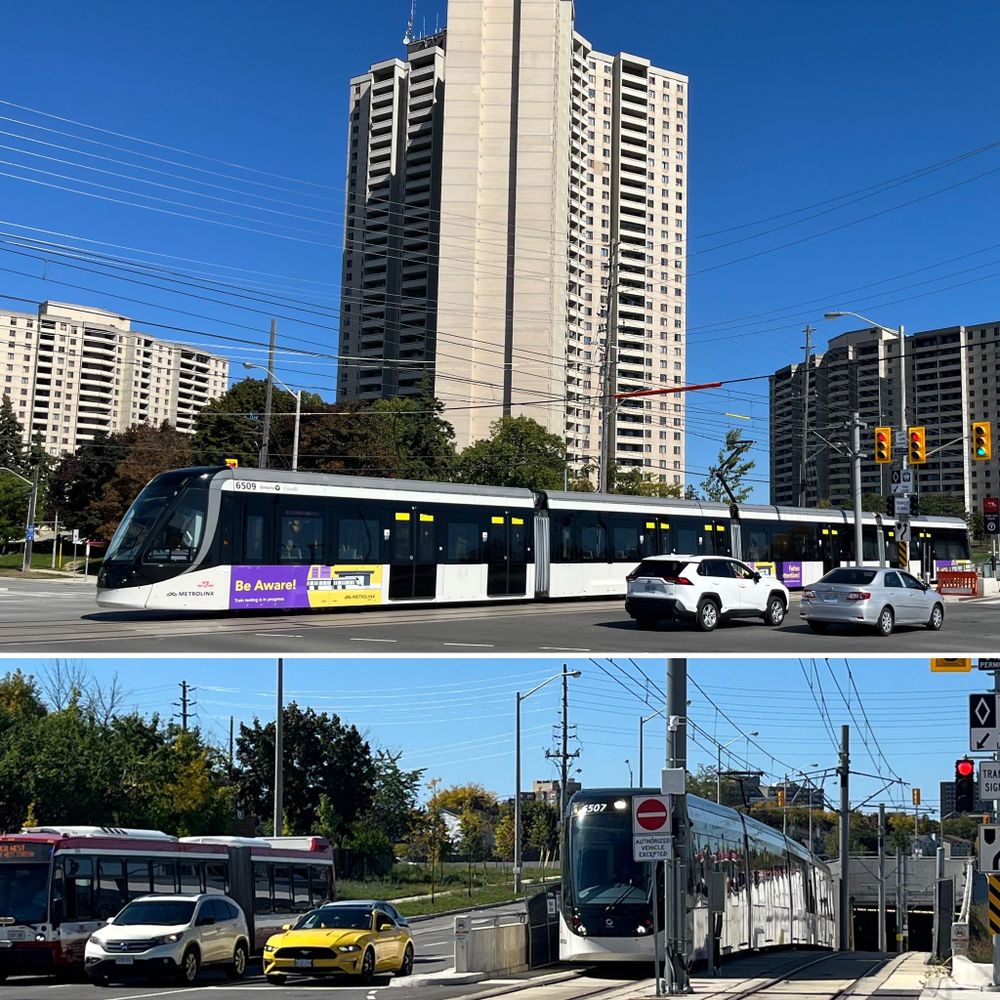 Two photos of grey Alstom light rail vehicles running along Finch West.