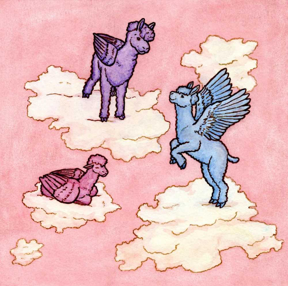 A watercolor and ink line painting of a trio of winged alpacas, called cloudpacas, against a peach-colored sky and fluffy clouds. The top cloudpaca is purple and stands on a cloud looking at the blue cloudpaca on the right, who stands on a cloud on its back legs. The third and smallest cloudpaca on the left is pink, and it rests cozily on a little cloud.