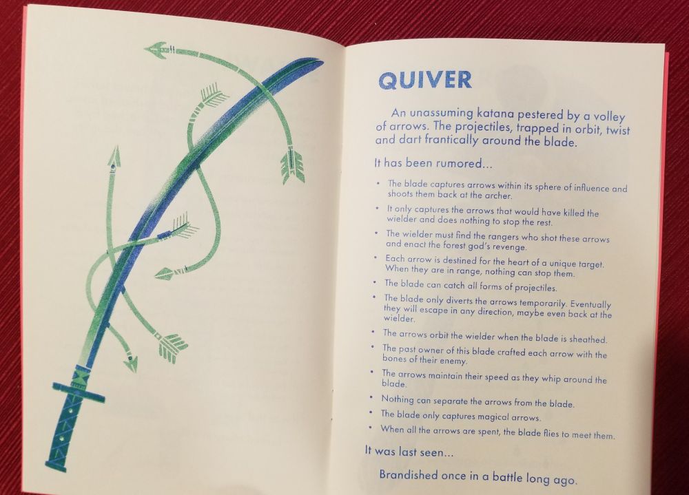 Inside spread from Rumored Blades of one of the zine's blades, Quiver, a blue katana orbited by green arrows. Next to it is a roll table with potential lore, as well as Quiver's last known location 