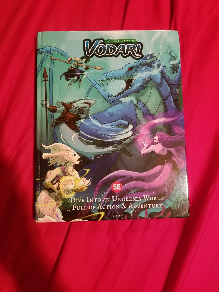 Cover of the TTRPG book "Under the Seas of Vodari" by Angry Fish Games, a cartoony island-hopping Pirate themed D&D 5e adventure/sourcebook & sequel to "The Seas of Vodari" with writing contributions by the ENworld & Tribality site staffers