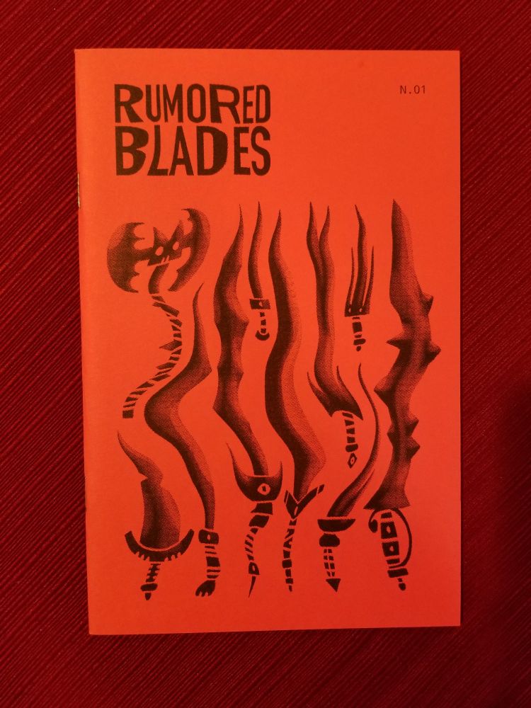 Cover of the TTRPG zine "Rumored Blades" by Arlin Ortiz & Kris Mukai. It depicts a number of strange, wavy bladed weapons riso printed in black on a blood red cover