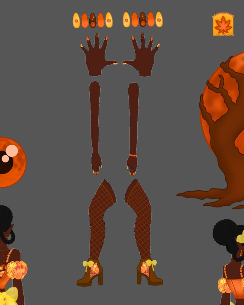 Her shoes are brown, heeled ankle boots with a scalloped top and a fall leaf pattern peekaboo on the inside. The boots are laced with sheer yellow ribbon. Her stockings are brown fishnet stockings. On her wrist sits a bracelet made out of small pumpkin charms. Contacts are large orange harvest moons. Her nail set has each hand matching each other. The thumbnails and pinkie fingernails are shiny golden with an orange hexagonal jewel in the center. The index and ring fingernails are orange with a slight gradient. The middle fingers are a brown ombre with a large orange harvest moon at the bottom with two small golden stars above. 