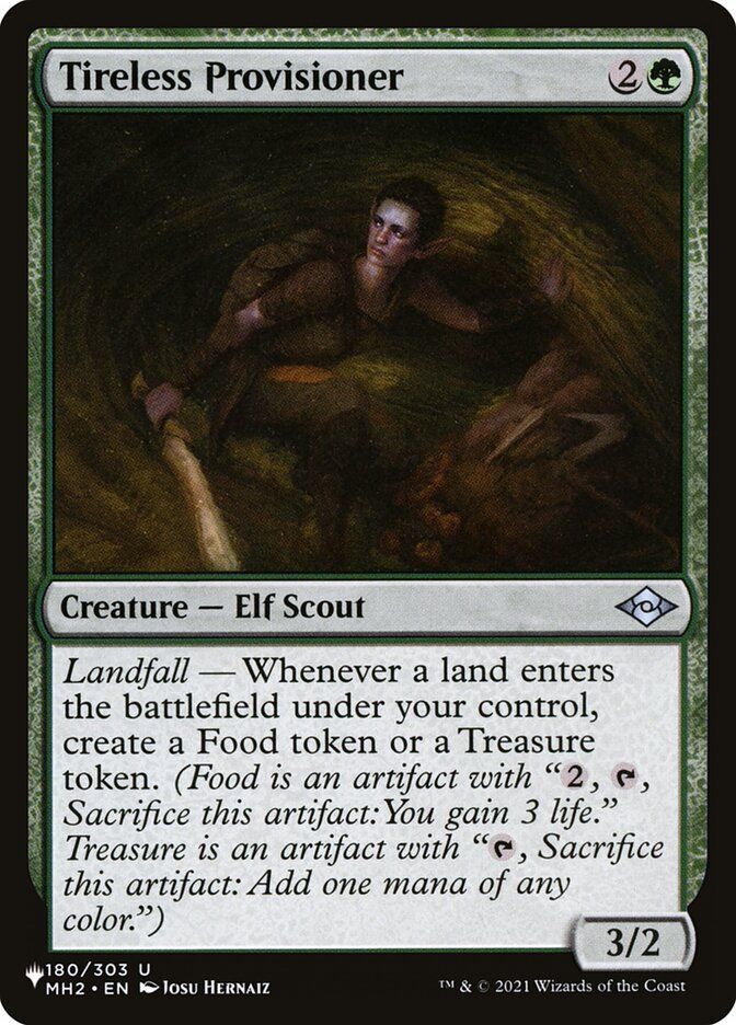 Tireless Provisioner
{2}{G}
Creature — Elf Scout

Landfall — Whenever a land you control enters, create a Food token or a Treasure token. (Food is an artifact with “{2}, {T}, Sacrifice this token: You gain 3 life.” Treasure is an artifact with “{T}, Sacrifice this token: Add one mana of any color.”)

3/2
Illustrated by Josu Hernaiz