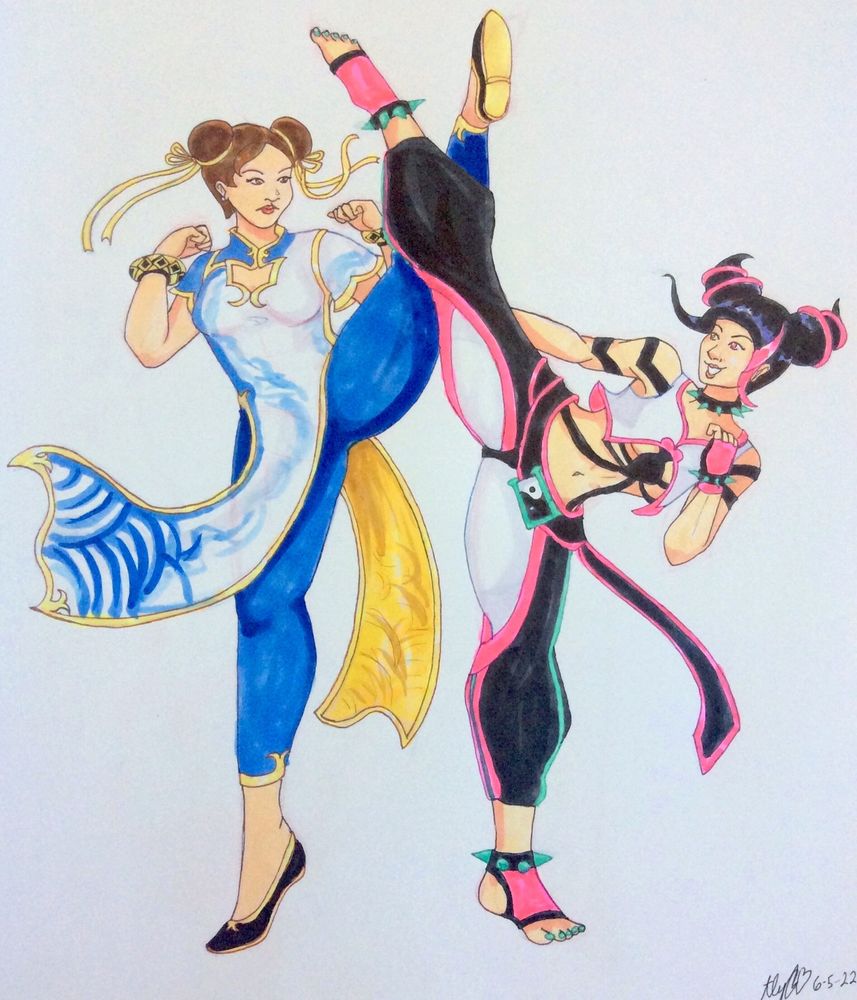 marker drawing of chun li and juri han from street fighter