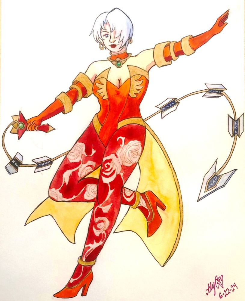 watercolor painting of isabella “ivy” valentine from soul calibur in her red alternate costume
