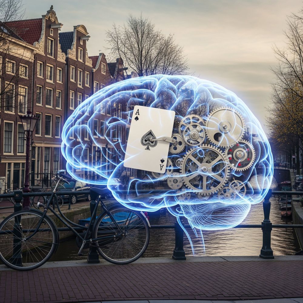Composición de imágenes: sobre una foto de un canal de Ámsterdam con una bicicleta, hay una gran imagen transparente y brillante de un cerebro. Dentro del cerebro se ven engranajes y un naipe (el as de picas) atascado entre ellos.