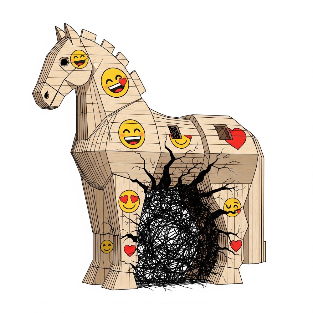 Ilustración de un caballo de Troya de madera. Su superficie está decorada con emojis sonrientes y corazones. El caballo está roto y de un agujero en su costado sale una masa negra y caótica de garabatos.