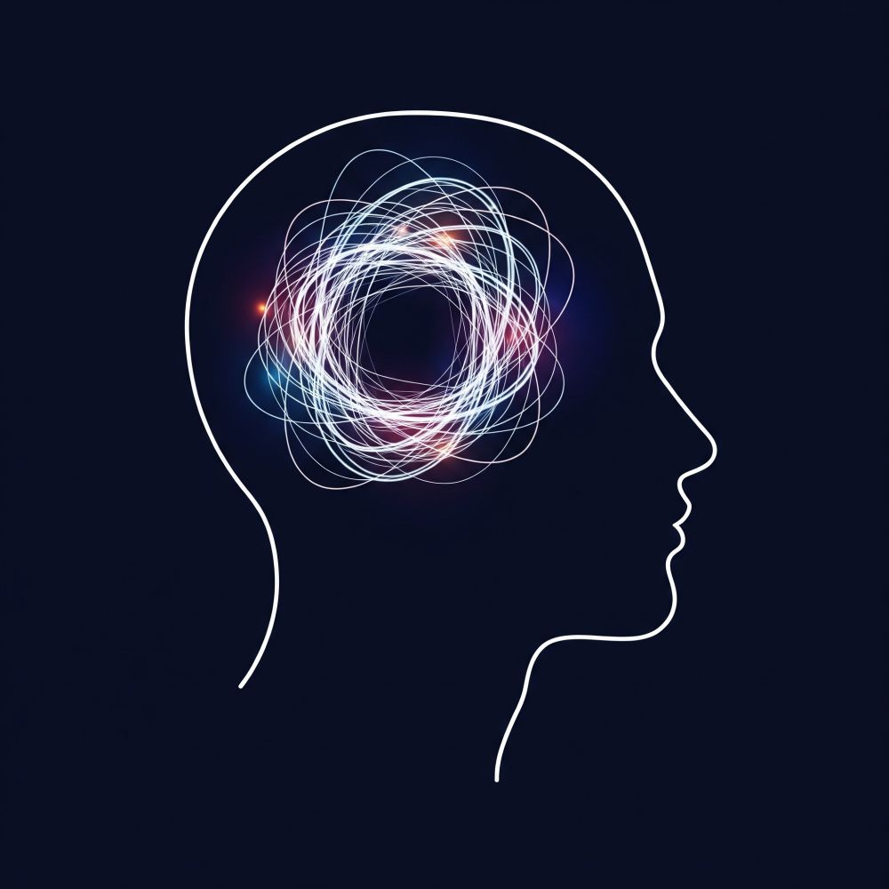 Silueta de una cabeza con un vórtice de luz en su interior, representando la compulsividad