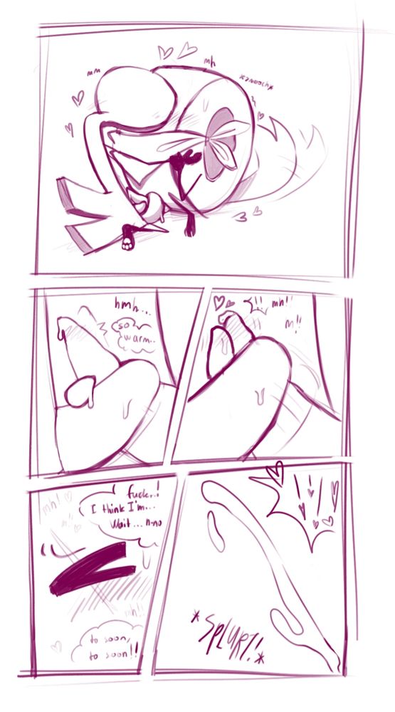 First panel depicts two characters kissing, key's tentacle penis is wrapped around tape's tentacle penis. Second panel depicts a close up of the two's penises, key's penis is jerking tape off, tape's mind bubble says "so warm..". Third depicts the same as previous except key's penis has moved upwards, her tip touching tape's tip. Fourth panel is a close up of tape's left eye, blushing is apparent below her eye and her eyes are closing hard from the pleasure, tape's mind bubbles say "Fuck..! I think I'm... Wait.. n-no" "too soon, too soon!!". Fifth panel depicts cum being shot, exclamation panels containing exclamation marks with hearts in place of dots showing that tape had come to a climax.