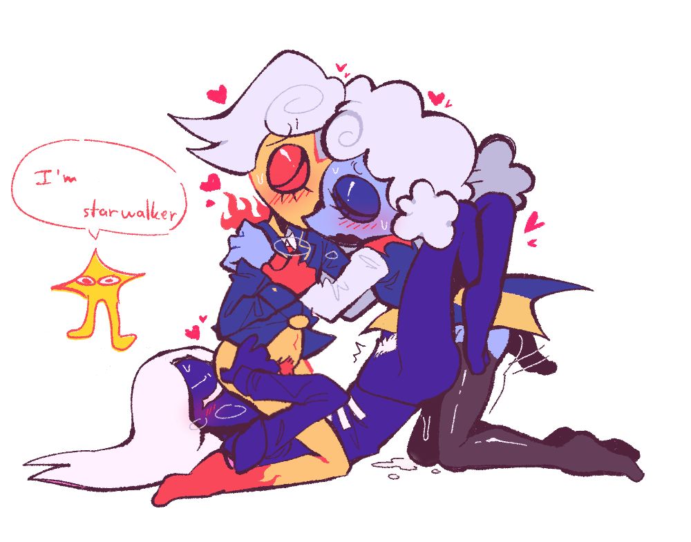 the weather duo and rouxls kaard are all half naked (bottomless), the weather duo are holding eachother and breathing intimately at eachother, rouxls is below them, rouxls taking elnina's cock and eating lanino's pussy. starwalker is there "I'm starwalker"