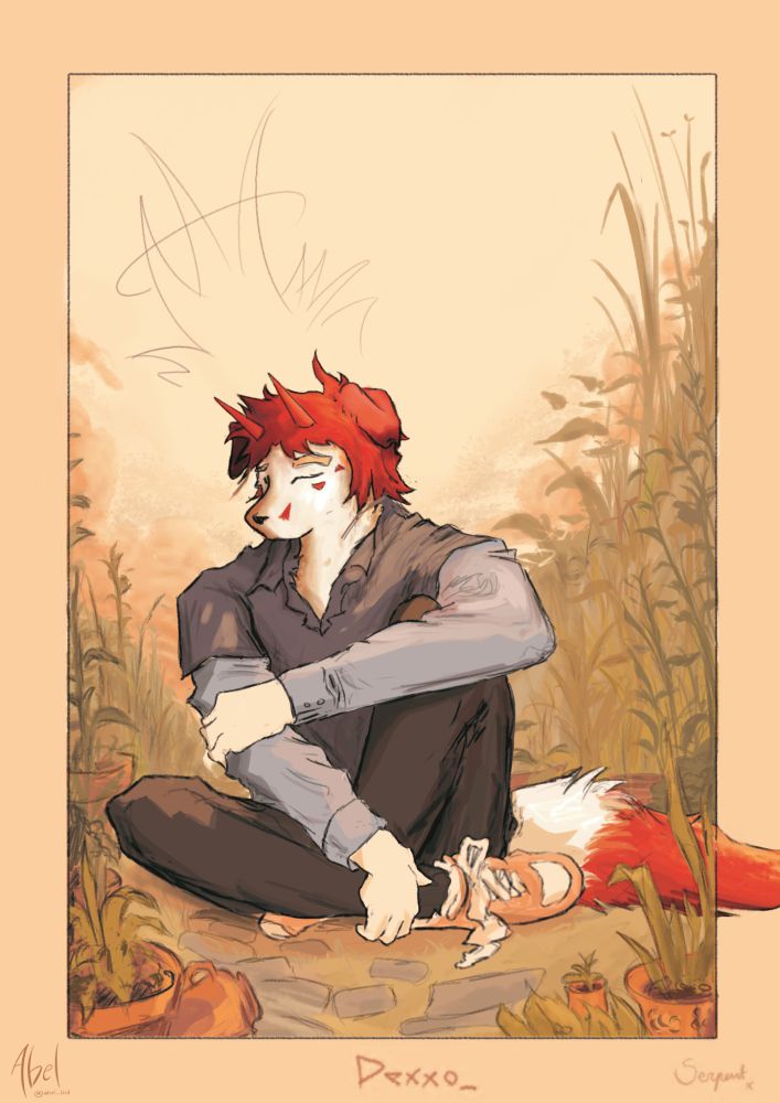 a sunset-colored drawing of a wolf / dog / fox / idk sitting on the grass, surrounded by foliage