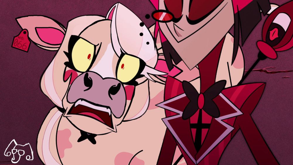 An edited screenshot of Hazbin Hotel in which Charlie Morningstar has been turned into a feral dairy cow, gazing up at Alastor in apprehension/worry as it sinks in that she won't be turning back to normal 😈
