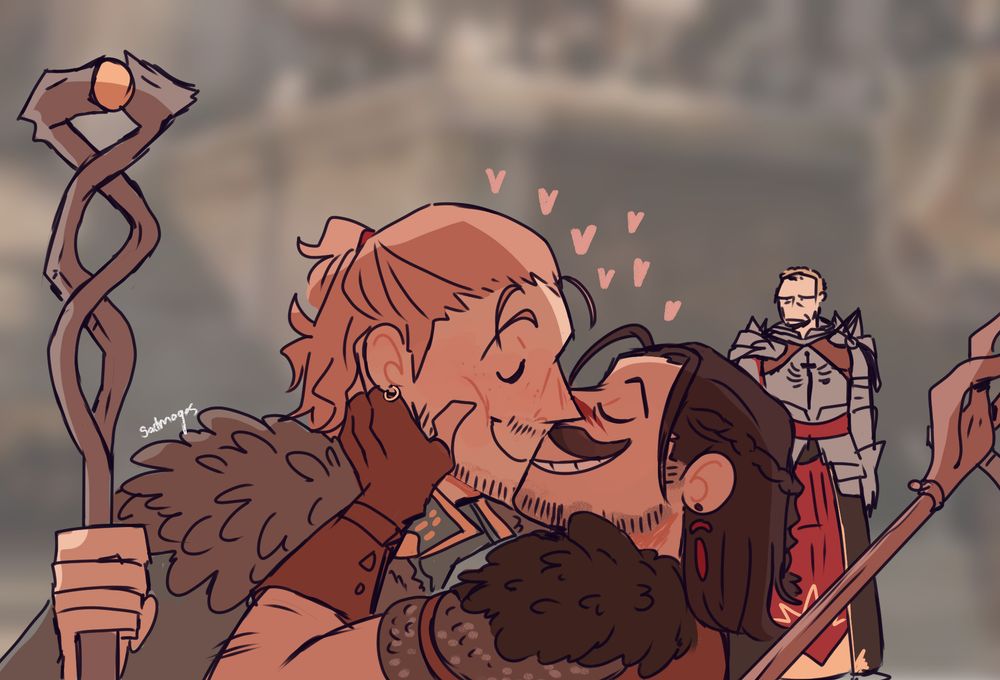 A cartoony illustration of Anders and Hawke from Dragon Age 2, kissing each other passionately in the Gallows, in front of Cullen. Anders is leaning down, while Hawke is tilting upwards, holding Anders' face in his hands. Hearts surround them and they're grinning.