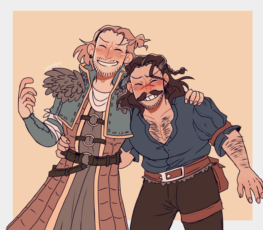 A cartoony, halfbody illustration of Anders and Hawke from Dragon Age 2. They are both lightly flushed and laughing, leaning on each other's shoulders.