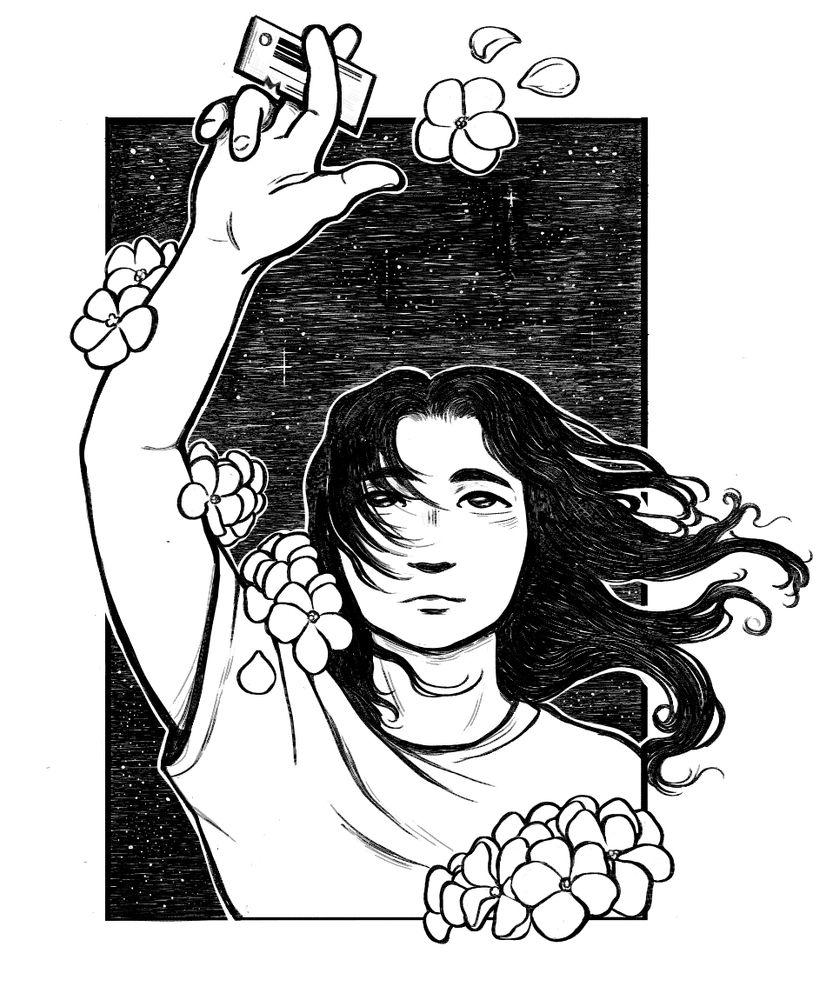 B&W digital illustration of Rem Saverem. She is looking upwards, holding a train ticket between two crossed fingers. Around her are red geraniums, and behind her is the vastness of space full of stars.