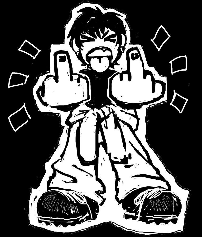 cartoony black and white digital scribble of meryl stryfe from trigun maximum sticking her tongue out and holding up two middle fingers.