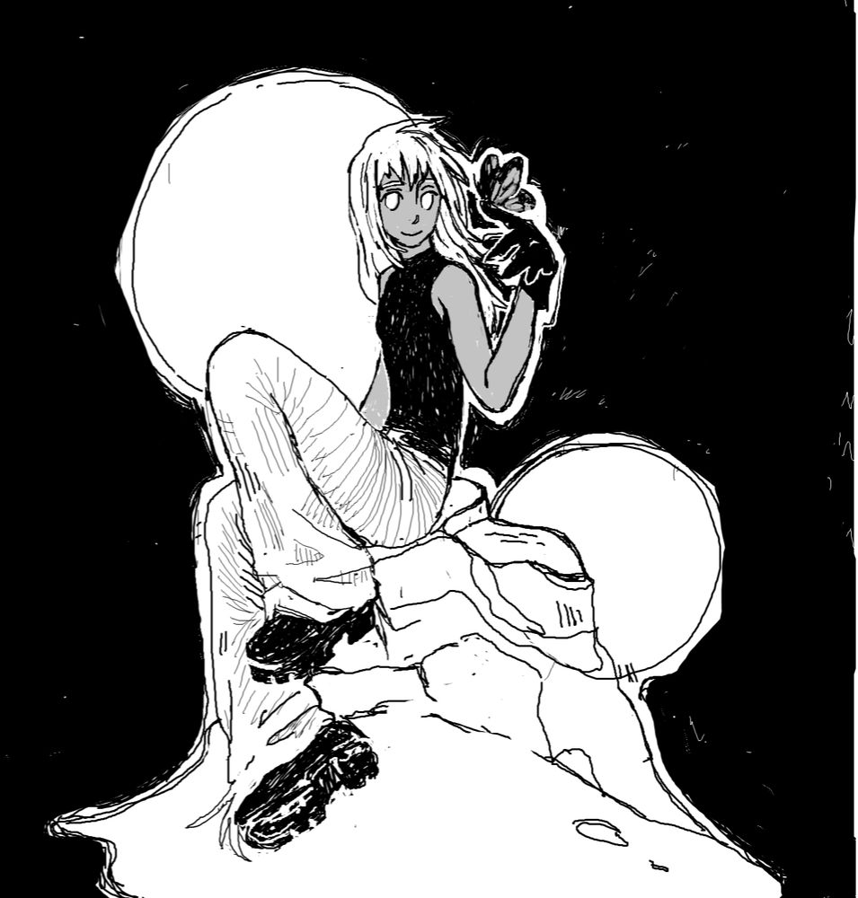black and white digital sketch of zazie the beast from trigun maximum. They are sitting on a mass of desert rock in the sand. Two moons hang in the black background, and a butterfly perches on zazies finger.
