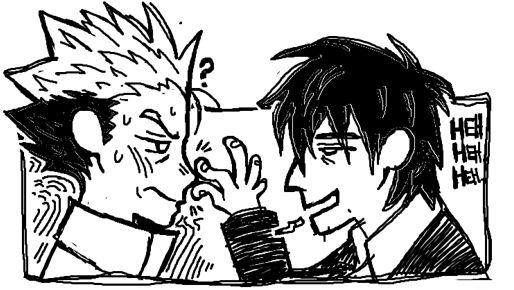 wolfwood childishly pinching and squeezing vashs nose and giggling to himself. hes probably a little drunk or something idk. black and white digital cartoony scribble.