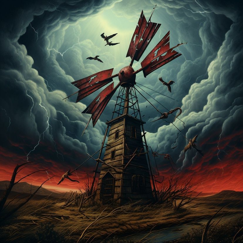 Windmill during storm signaling entry of thunderbird