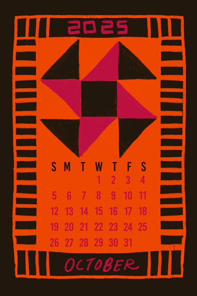 A monthly calendar of October 2025 designed like a quilt in color palette of black, orange, and magenta.