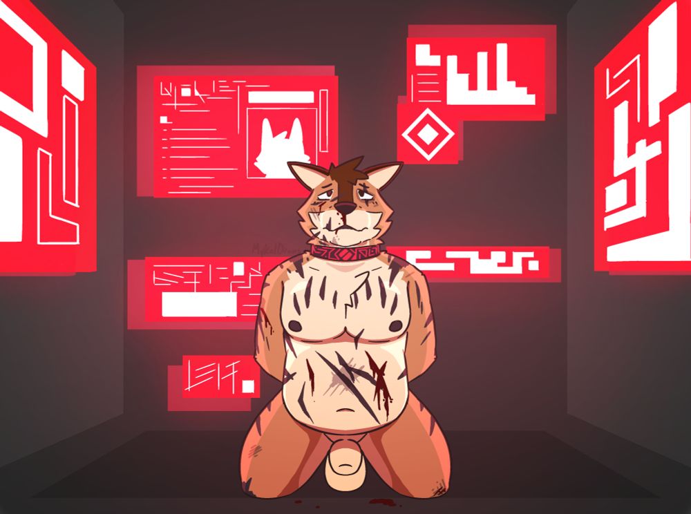 A naked, anthro-coyote on his knees in a small, steel room. Various screens with info on the coyote light up the dark room. The coyote's hands are bound behind his back, and he has a sad, fearful expression.

He is covered in tons of scars all over his body, and various bruises, including a black eye. He has various injuries and is bleeding.