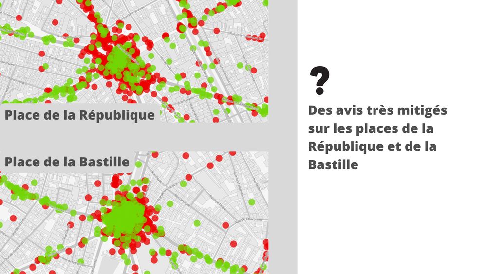 Beaucoup de points rouges et vers sur les places de la Bastille et République