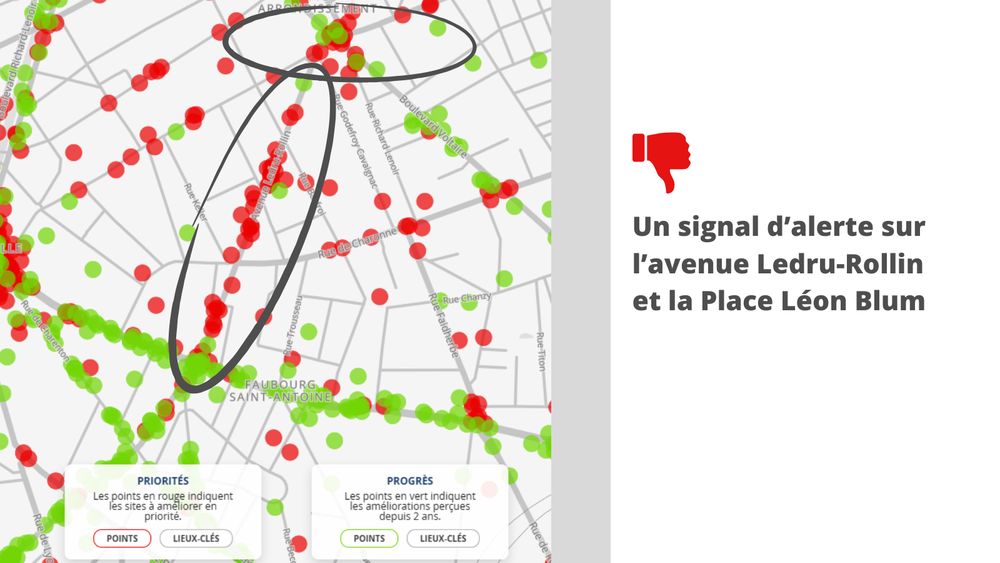 Des points noirs sur l'avenue Ledru-Rollin pour indiquer l'insatisfaction des cyclistes avec le manque d'aménagement à cet endroit.