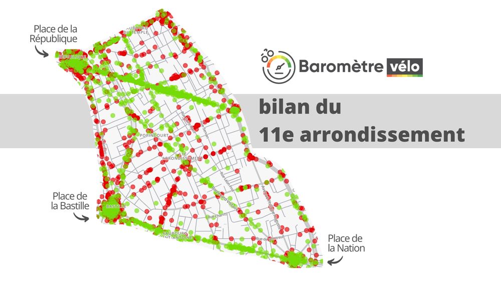 Carte du 11e arrondissement avec les points positifs en vert et les points négatifs en rouge