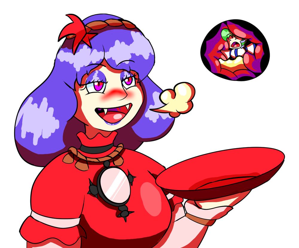 Kanako lets out a sigh of satisfaction, while Sanae is distressed, trapped inside Kanako's stomach, being squish by the stomach walls while half submerged in sake