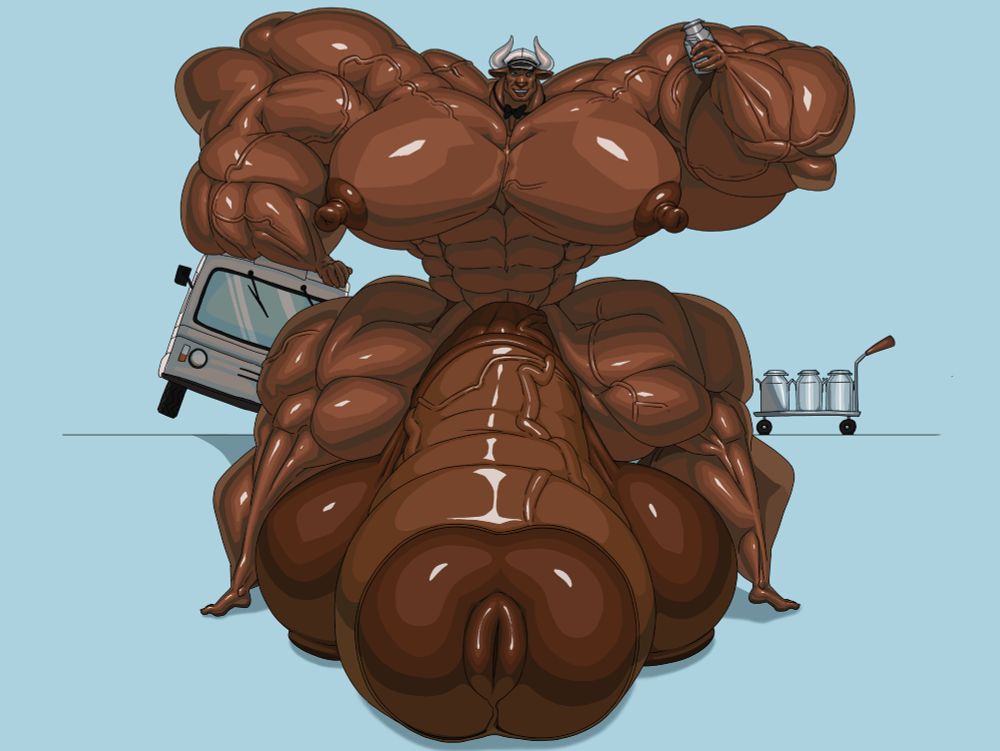 A giant brown bull sits on a ledge, fully nude and erect, wearing only a collar bowtie and a milkman's hat, he toasts the viewer with a milk churn while reclining against a milk float.