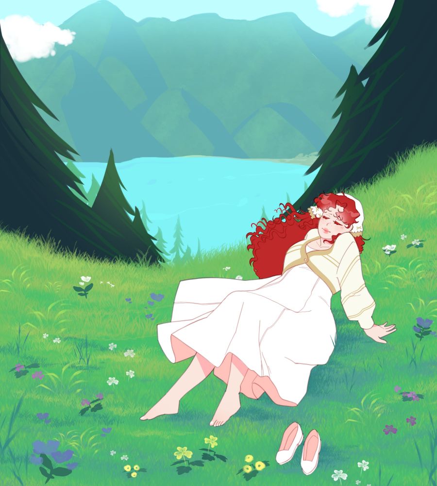 Young woman sitting on the grass, enjoying the feel and view of nature