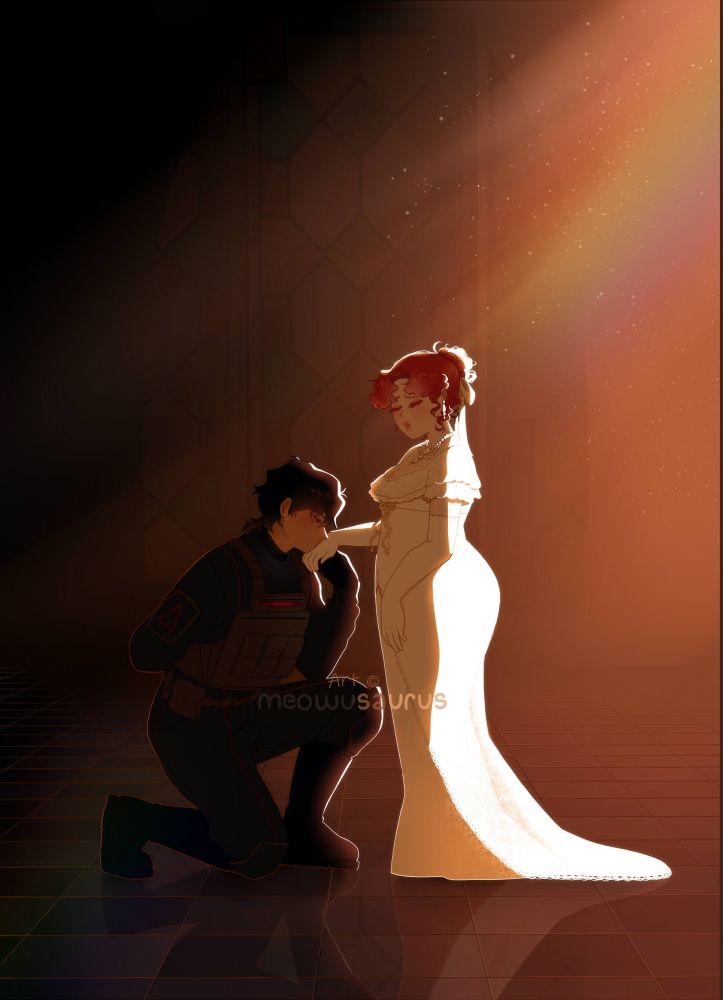 My favorite trope, princess x Knight! Man is kneeling and kissing the hand of a woman in white. The lighting is coming down from the top right corner