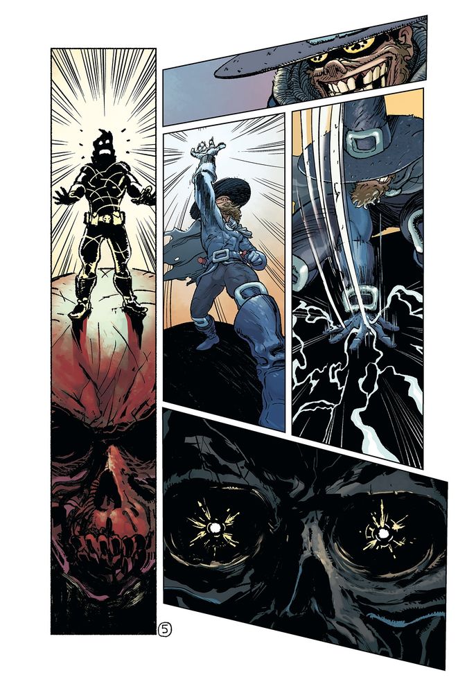 Page 5: The hero is frozen in place, panicking. The villain then raises his hand to strike his giant skull. The skull's eyes begin to glow with an ominous light.