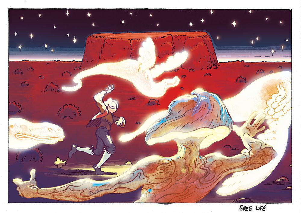 Dans un désert rouge, de nuit, un jeune homme et une jeune femme dansent avec des créatures volantes luminescentes. la jeune femme commence a devenir lumineuse elle aussi.
